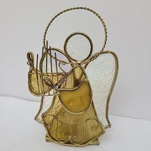 VTG Stained Glass Tealight Candleholder Angel Iridescent Wings